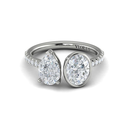 Two Stone, Bezel Engagement Ring in Platinum by Vlora Bridal
