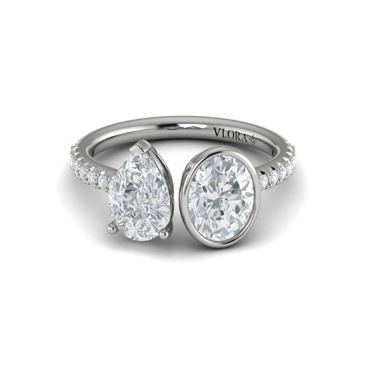 Two Stone, Bezel Engagement Ring in Platinum by Vlora Bridal