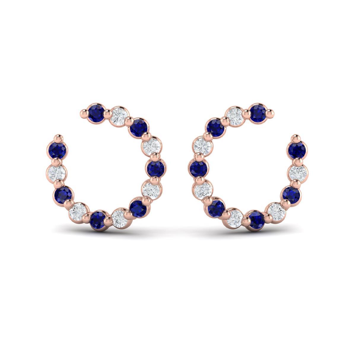 Forward-facing Diamond and Blue Sapphire  Open Hoop Earrings