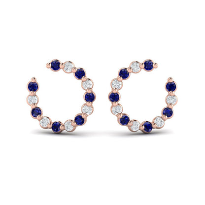 Forward-facing Diamond and Blue Sapphire  Open Hoop Earrings