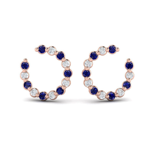 Forward-facing Diamond and Blue Sapphire  Open Hoop Earrings
