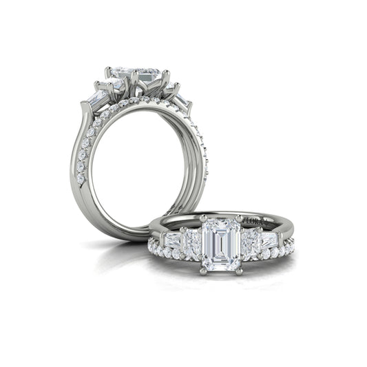 Emerald Cut Classic, Three Stone Engagement Ring in Platinum by Vlora Bridal