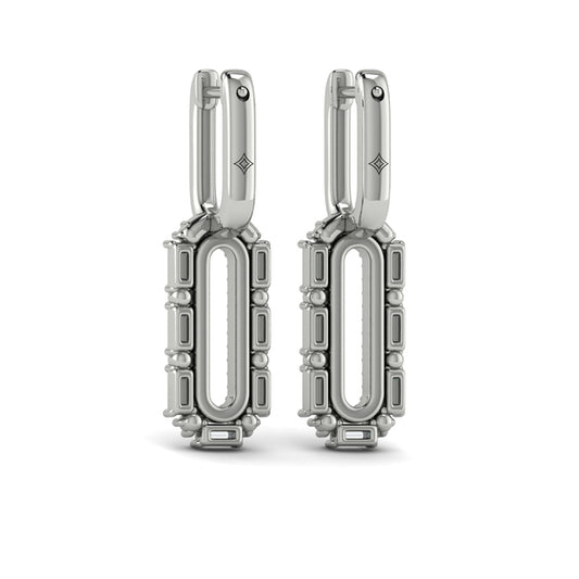 Diamond Baguette Double Row Link Drop Huggie Earrings