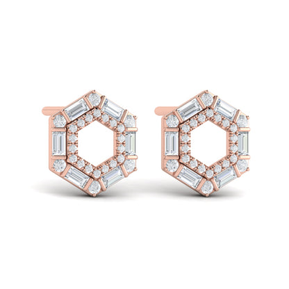 Diamond Baguette Double Row Open Honeycomb Stud Earrings