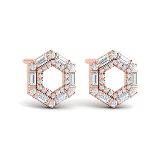 Diamond Baguette Double Row Open Honeycomb Stud Earrings