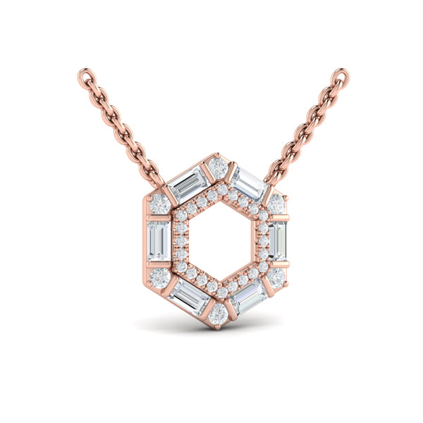Diamond Baguette Double Row Open Honeycomb Pendant Necklace