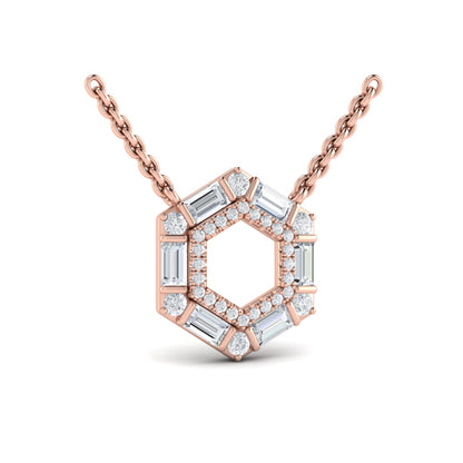 Diamond Baguette Double Row Open Honeycomb Pendant Necklace