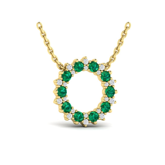 Diamond and Emerald Open Starburst Circle Pendant Necklace