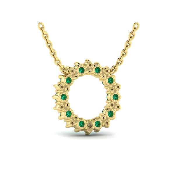Diamond and Emerald Open Starburst Circle Pendant Necklace