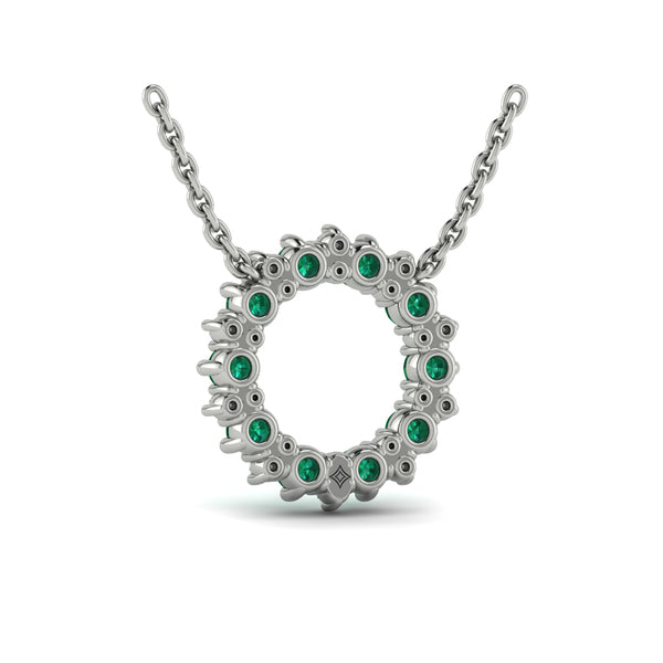 Diamond and Emerald Open Starburst Circle Pendant Necklace