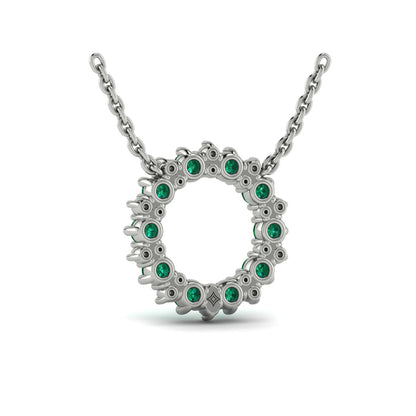 Diamond and Emerald Open Starburst Circle Pendant Necklace