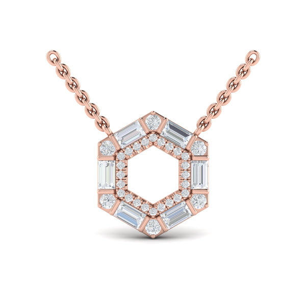 Diamond Baguette Double Row Open Honeycomb Pendant Necklace