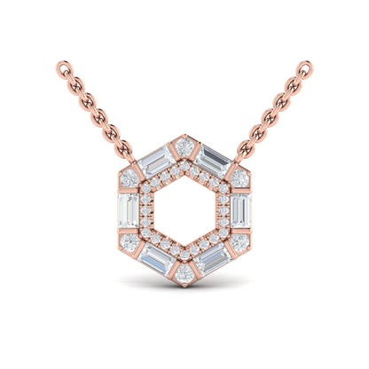 Diamond Baguette Double Row Open Honeycomb Pendant Necklace