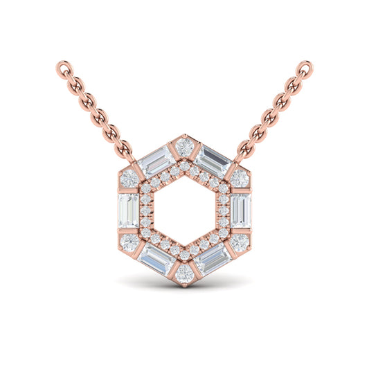 Diamond Baguette Double Row Open Honeycomb Pendant Necklace