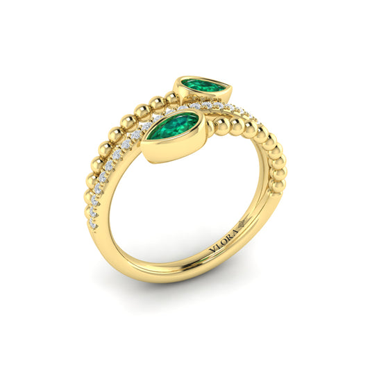 Bezel Set Pear shaped Emerald and Diamond Wrap Ring
