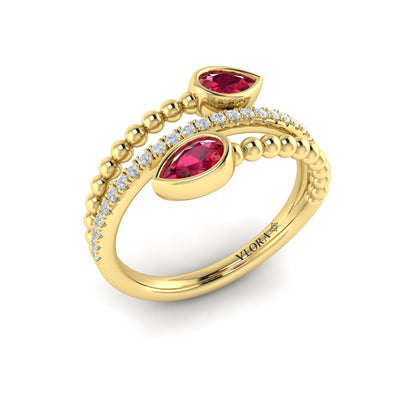 Double Pear Shaped Ruby and Diamond Wrap Ring
