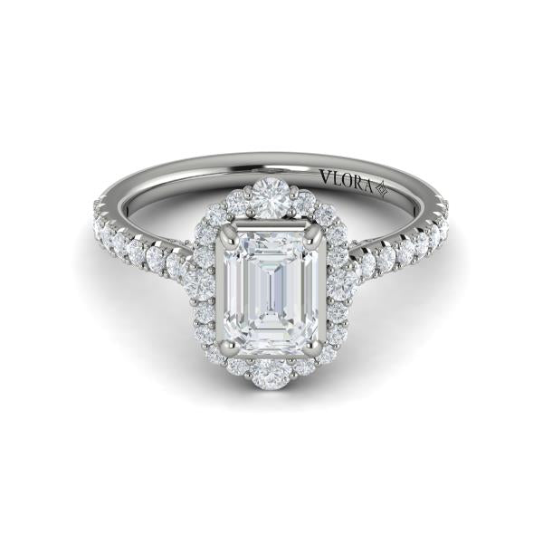 Emerald Cut Halo Engagement Ring in Platinum by Vlora Bridal