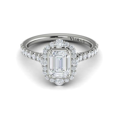 Emerald Cut Halo Engagement Ring in Platinum by Vlora Bridal