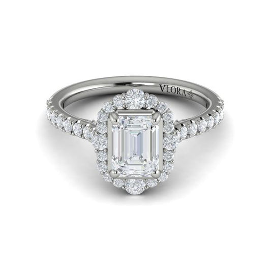 Emerald Cut Halo Engagement Ring in Platinum by Vlora Bridal