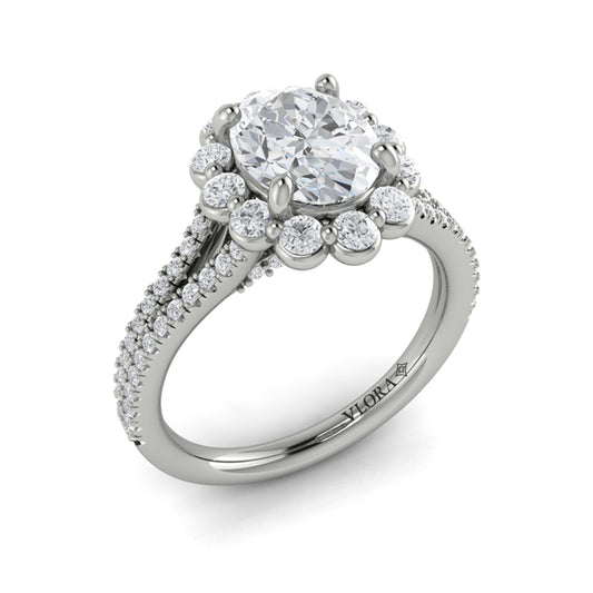 Oval Halo, Split Shank Engagement Ring in Platinum by Vlora Bridal