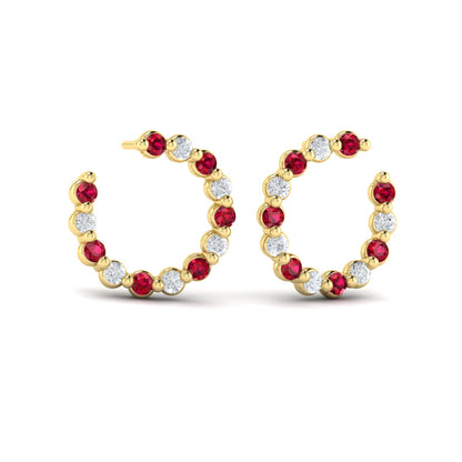 Forward-facing Diamond and Ruby Open Hoop Earrings