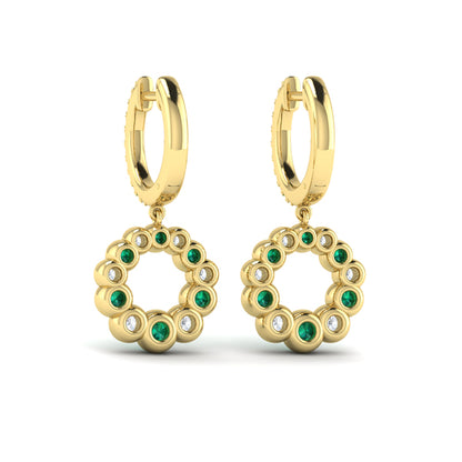 Round Bezel Set Diamond and Emerald Circle Drop Earring