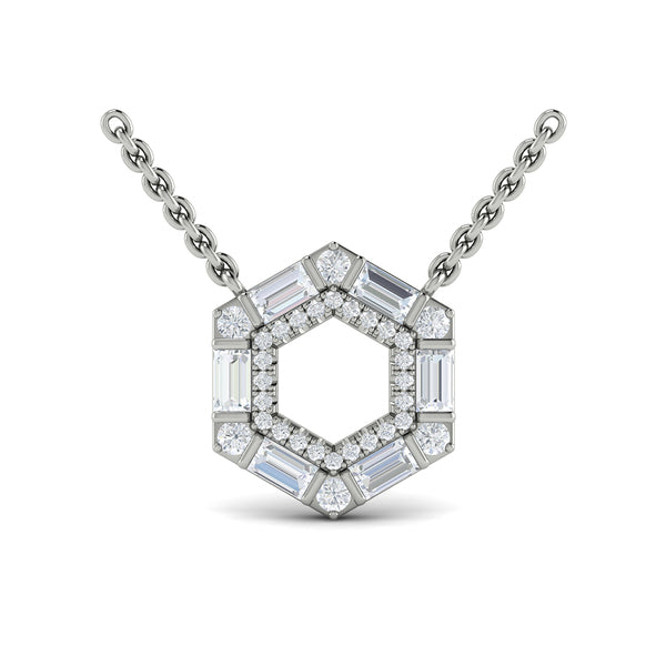 Diamond Baguette Double Row Open Honeycomb Pendant Necklace