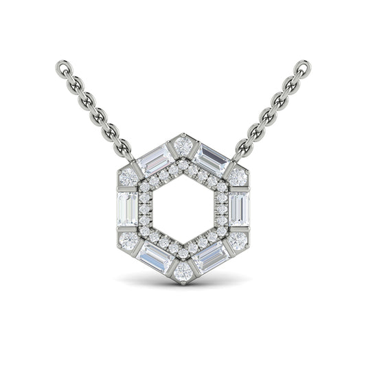 Diamond Baguette Double Row Open Honeycomb Pendant Necklace