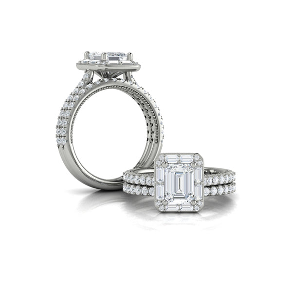 Emerald Cut Halo, Modern Vintage Engagement Ring in Platinum by Vlora Bridal