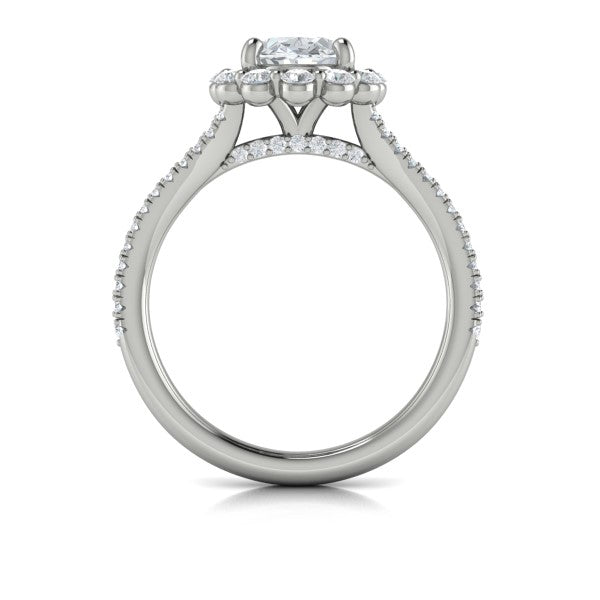 Oval Halo, Split Shank Engagement Ring in Platinum by Vlora Bridal