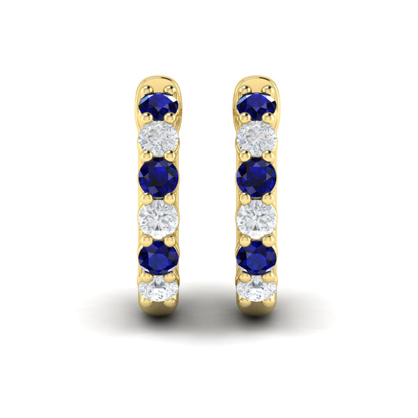 Forward-facing Diamond and Blue Sapphire  Open Hoop Earrings