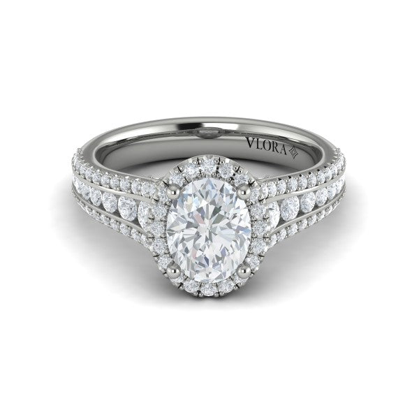 Oval Halo Engagement Ring in Platinum by Vlora Bridal