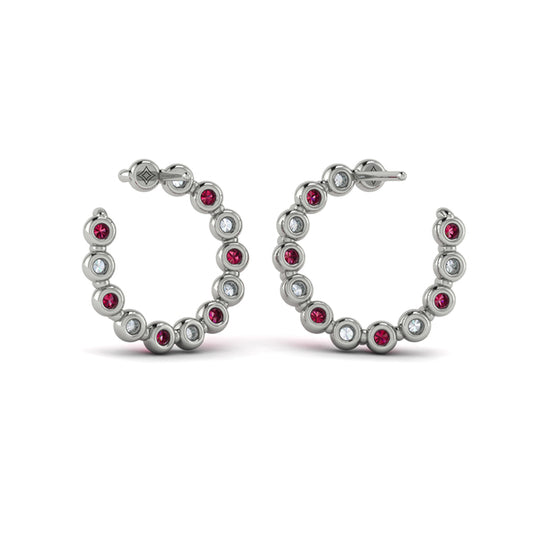 Forward-facing Diamond and Ruby Open Hoop Earrings