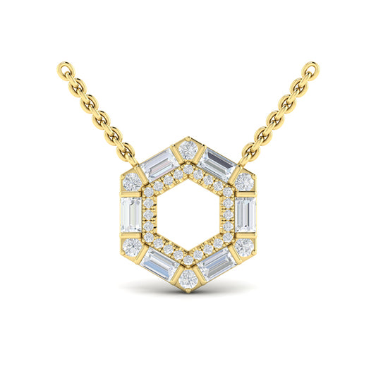 Diamond Baguette Double Row Open Honeycomb Pendant Necklace