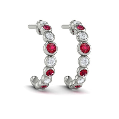 Round Bezel Set Diamond and Ruby Circle Hoop Earring