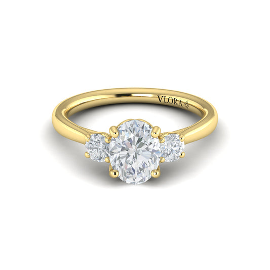 Oval Three Stone Engagement Ring in 14K Yellow Gold by Vlora Bridal