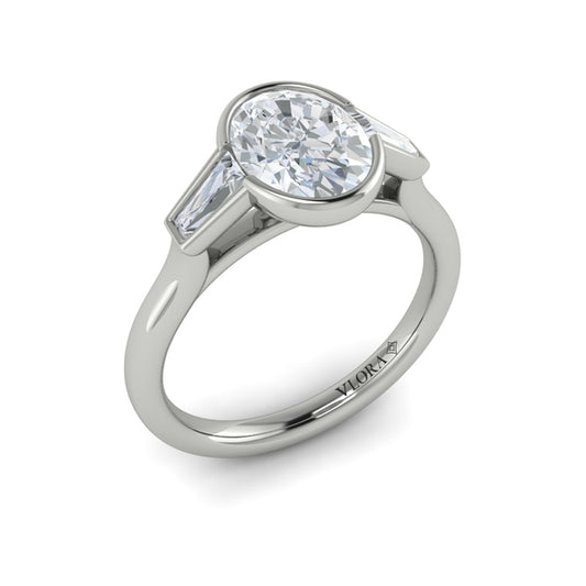 Oval Three Stone, Bezel Engagement Ring in Platinum by Vlora Bridal