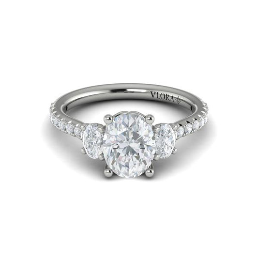 Oval Three Stone Engagement Ring in Platinum by Vlora Bridal