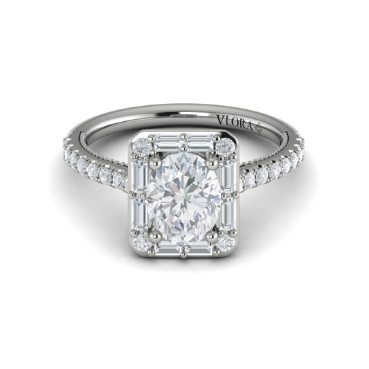 Oval Halo, Modern Vintage Engagement Ring in Platinum by Vlora Bridal