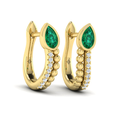 Pear Shaped Bezel Set Emerald and Diamond Huggie Earrings