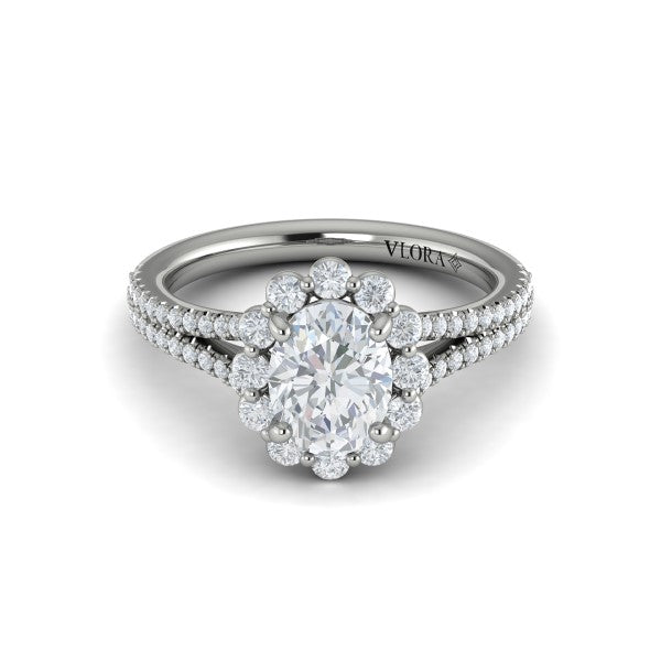 Oval Halo, Split Shank Engagement Ring in Platinum by Vlora Bridal