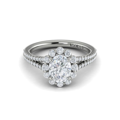 Oval Halo, Split Shank Engagement Ring in Platinum by Vlora Bridal