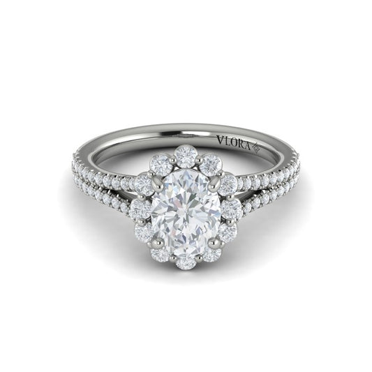 Oval Halo, Split Shank Engagement Ring in Platinum by Vlora Bridal