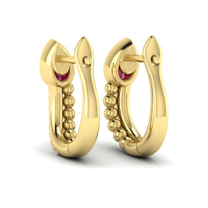 Pear Shaped Bezel Set Ruby and Diamond Huggie Earrings