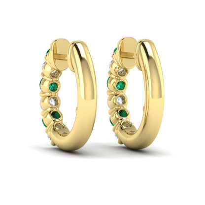 Forward-facing Diamond and Emerald  Open Hoop Earrings