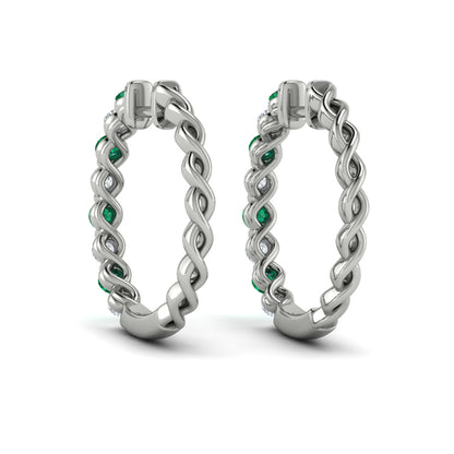 Diamond and Emerald  Twist Hoop Earrings