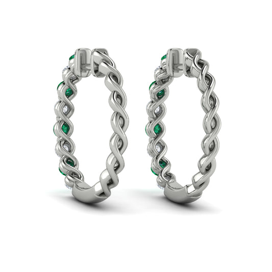 Diamond and Emerald  Twist Hoop Earrings