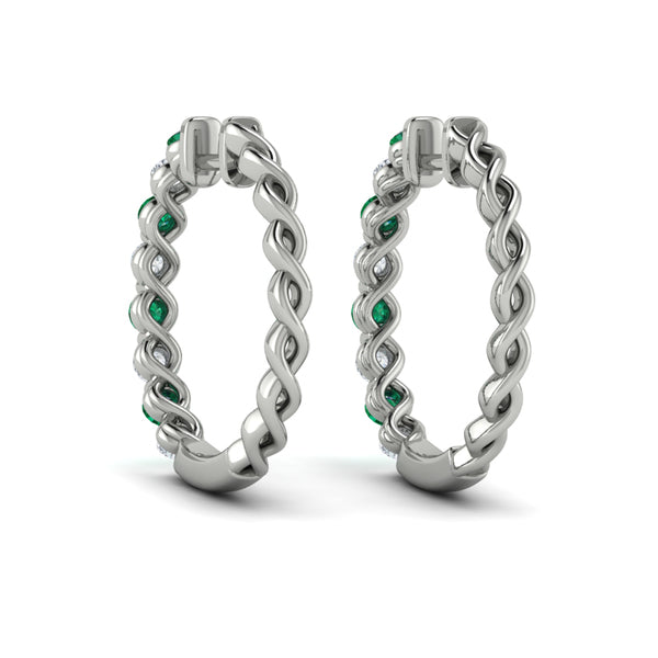 Diamond and Emerald  Twist Hoop Earrings