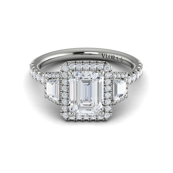 Emerald Cut Three Stone, Halo Engagement Ring in Platinum by Vlora Bridal