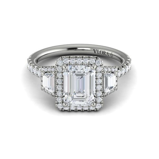 Emerald Cut Three Stone, Halo Engagement Ring in Platinum by Vlora Bridal